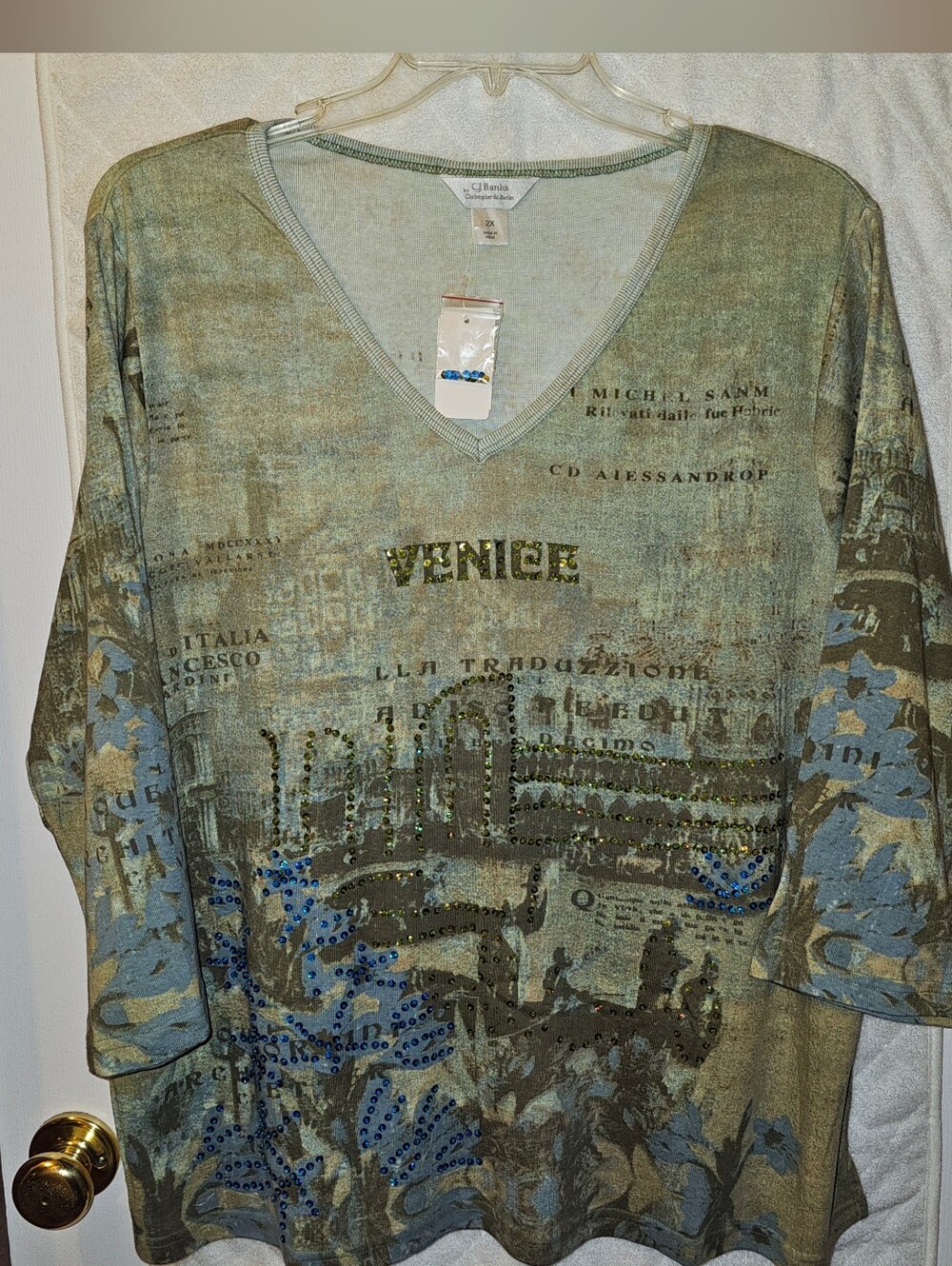 3x 24/26 CJ Banks Sage Green Venice 3/4 Sleeve V-Neck Top Blue Sequins NWT New